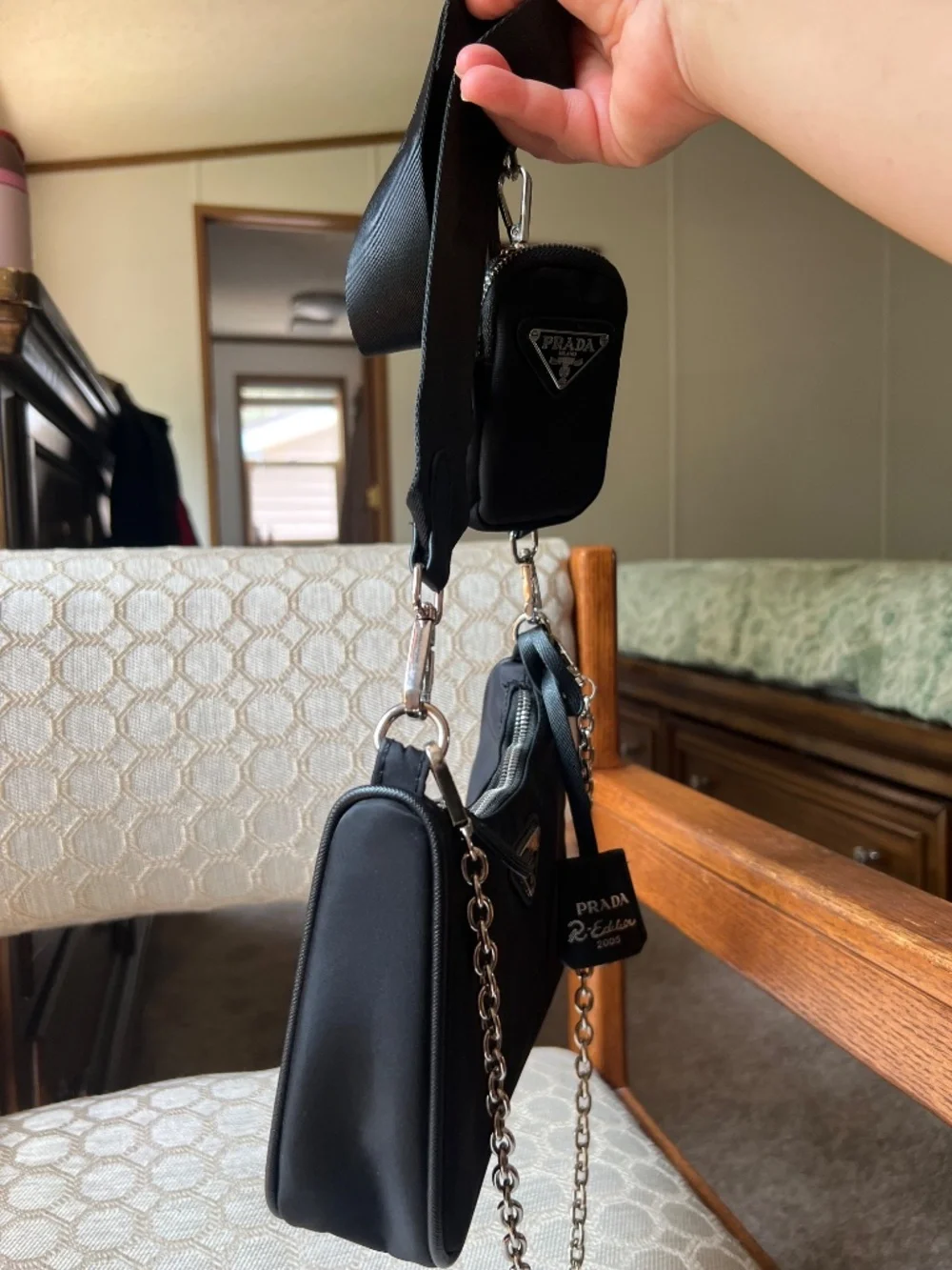 Black Nylon Shoulder Bag with Chain Accent